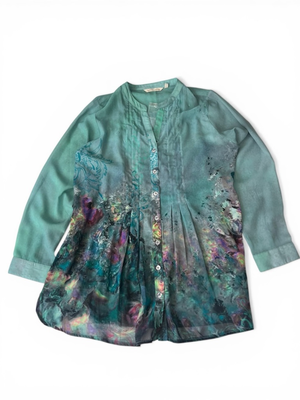 Soft Surroundings Women’s NWT Aqua Teal Floral Watercolor Button-Front Blouse PM